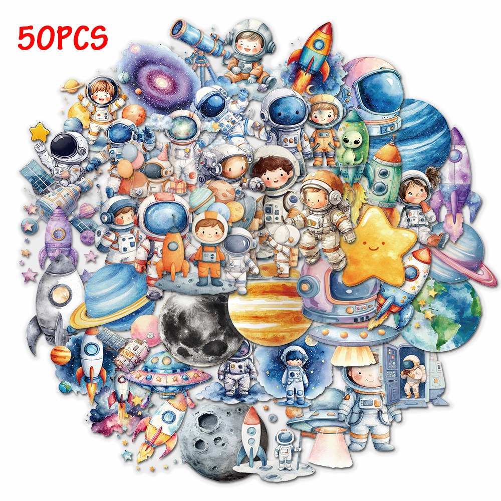 100张透明卡通太空宇航员贴纸包防水透明PET手账装饰吉他笔记本