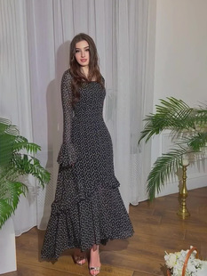 气质长款 雪纺波点荷叶袖 拼接不规则连衣裙 新款 亚马逊欧美2024春季