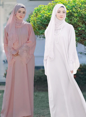 新款四色中东女装女士长袍马来印尼连衣裙配头巾时尚沙特阿拉伯风