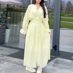 欧美跨境女装2026夏季新款气质小清新收腰褶皱喇叭袖衬衫连衣裙女