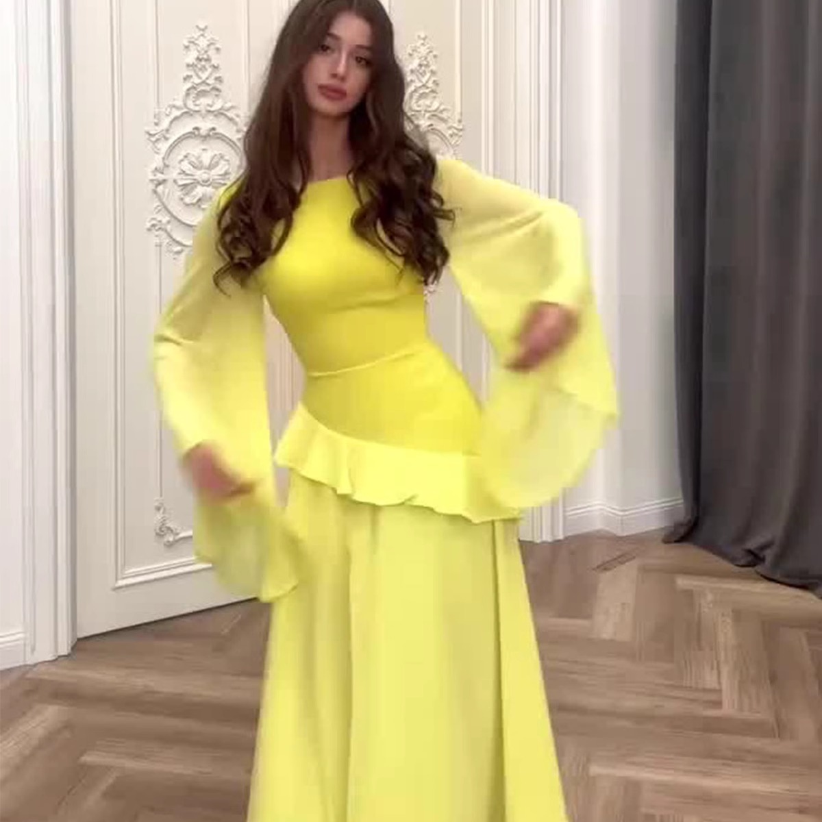 欧美风A字裙涤纶纯色连衣裙女