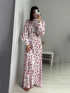 欧美亚马逊2024新款法式温柔风碎花浪漫森系系带收腰缎面连衣裙