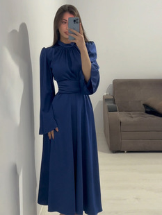 neckline dress tie Half high 绑带收腰纯色连衣裙 欧美风新款