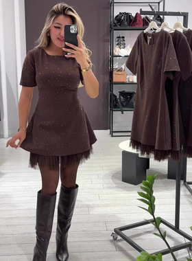 欧美亚马逊外贸女装2025年新款圆领短袖烫钻修身显瘦蕾丝边连衣裙