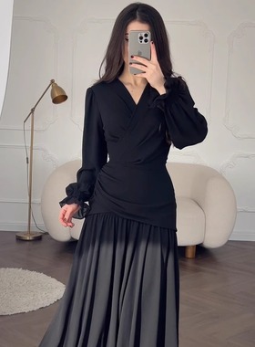 欧美亚马逊2025春季新款跨境设计感欧美风雪纺黑色连衣裙女