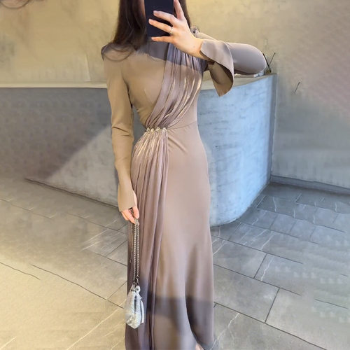 欧美风A字裙涤纶纯色连衣裙女