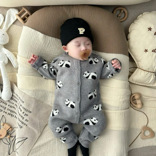小月龄秋冬加绒外出服可爱超萌男宝宝春秋针织连体衣婴儿衣服洋气