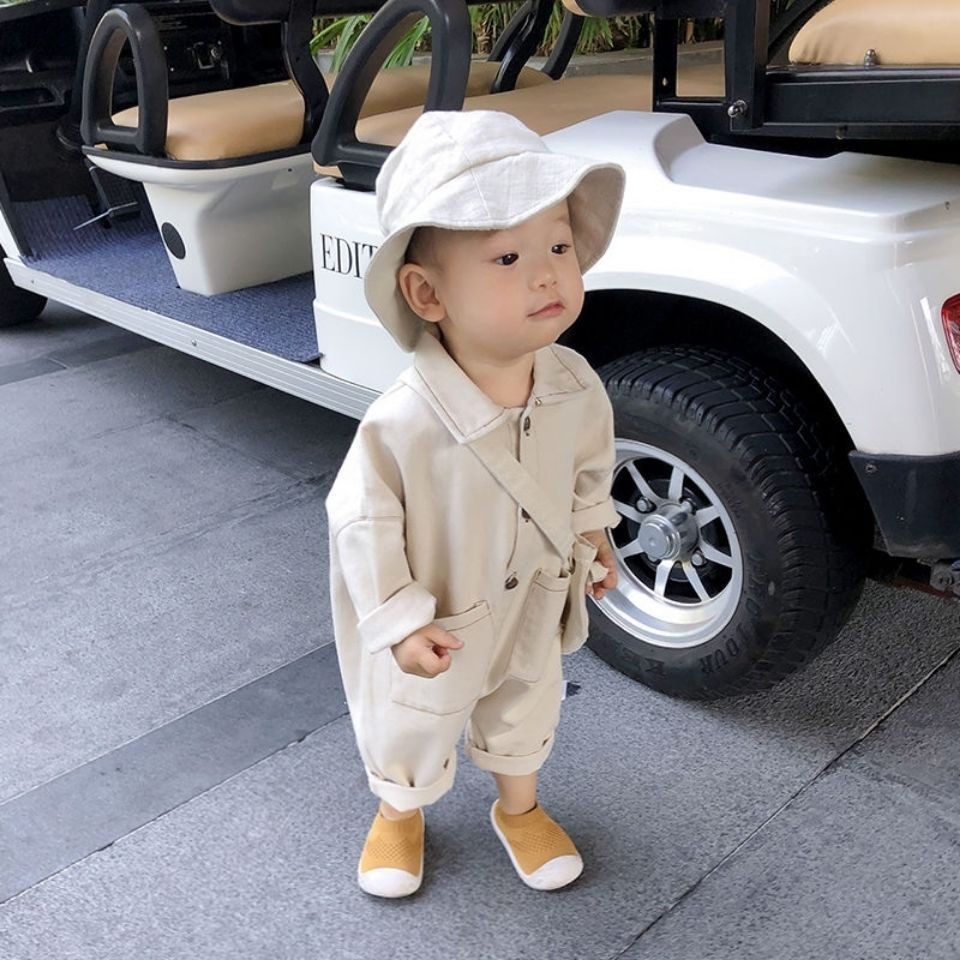 网红婴儿连体衣春秋款一岁男宝宝工装牛仔哈衣秋装外出服可爱超萌