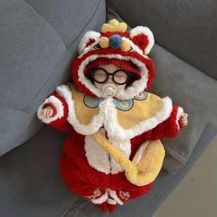 婴儿拜年服冬季 可爱 加绒加厚外出新年棉衣服26满月宝宝连体衣中式