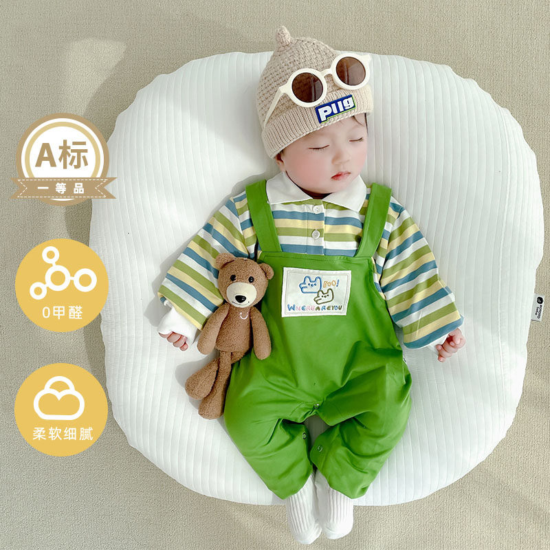 网红婴儿连体衣春秋男宝宝长袖纯棉哈衣新生儿可爱超萌假两件秋装