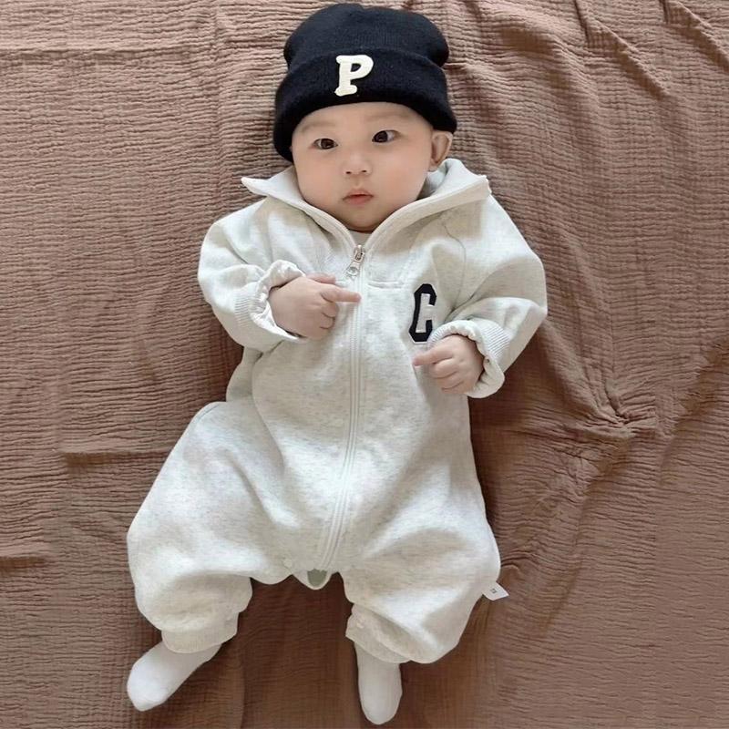 婴儿早秋衣服韩版0一1岁男宝宝连体衣秋季爬服婴幼儿加绒外出哈衣