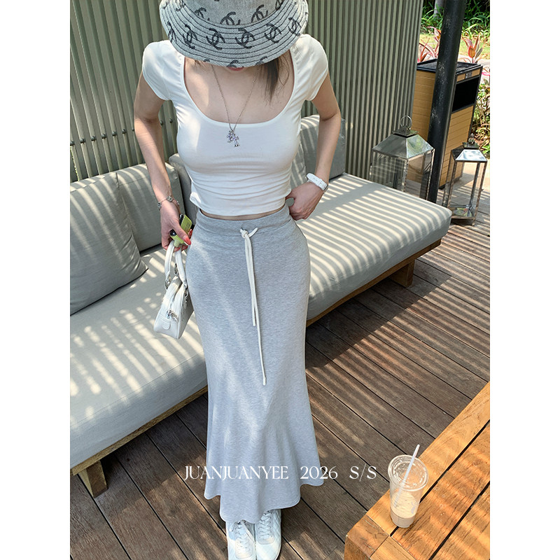 juanjuanyee【素颜女主】灰色抽绳物质修身休闲风垂感鱼尾卫裙夏