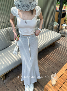 juanjuanyee【素颜女主】灰色抽绳物质修身休闲风垂感鱼尾卫裙夏