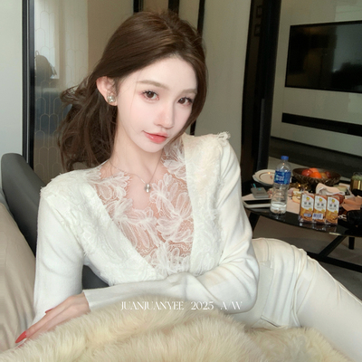 juanjuanyee【Es典藏蕾丝】高级气质女人味深v纯欲蕾丝长袖毛衣女
