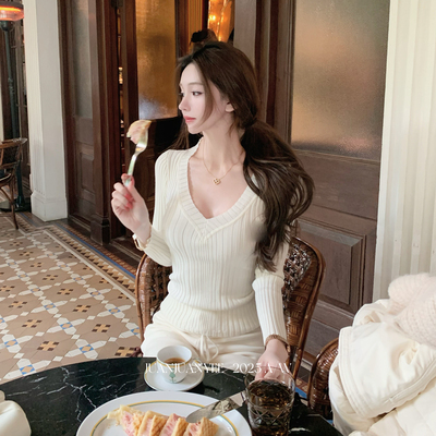 juanjuanyee【元英限定】长袖V领针织衫毛衣修身羊毛内搭外穿打底