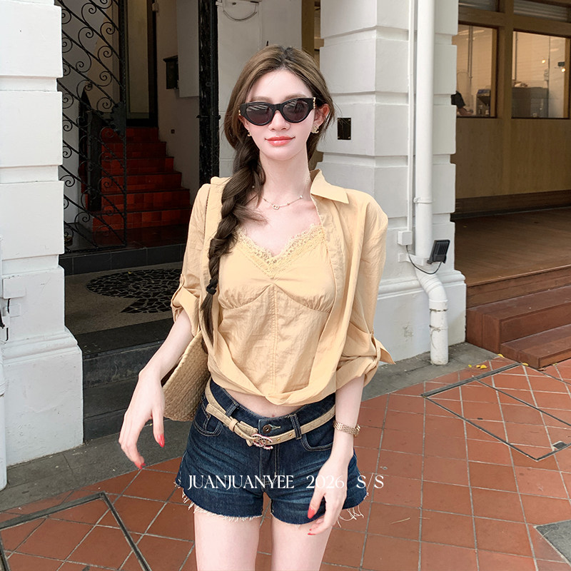 juanjuanyee【波尔多】天丝棉蕾丝假两件吊带扭结衬可七分度假女