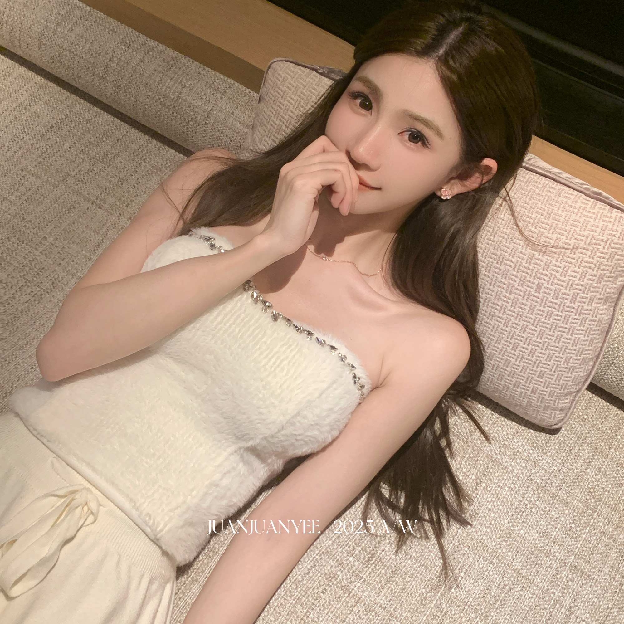 juanjuanyee【璃】超好看手工水钻钉钻仿水貂毛高弹纯欲抹胸女冬
