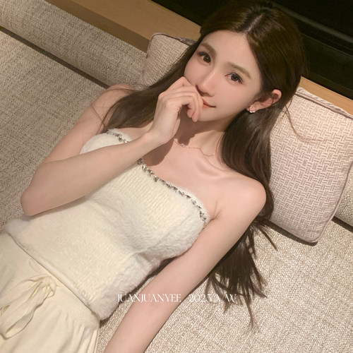 juanjuanyee【璃】超好看手工水钻钉钻仿水貂毛高弹纯欲抹胸女冬