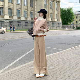 juanjuanyee【老钱西裤】中低腰直筒微喇显瘦百搭牙签褶羊毛西裤