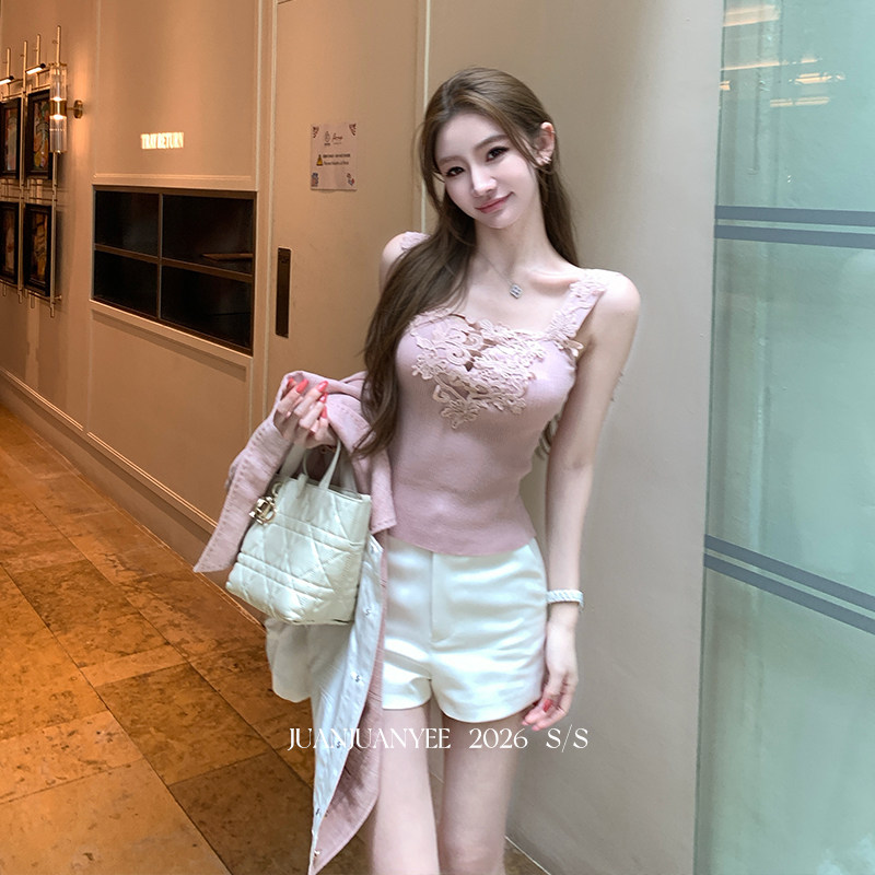 juanjuanyee【chol*蕾丝吊带】U领提花针织镂空蕾丝背心女