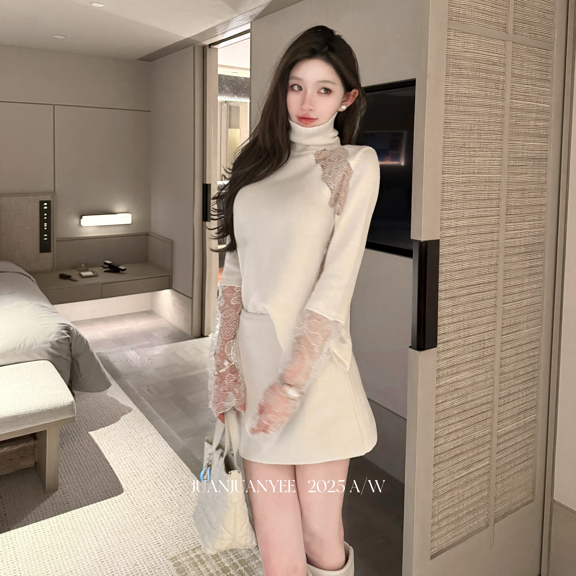 juanjuanyee【名伶气质】Es高领羊毛不规则剪裁蕾丝毛衣上衣女