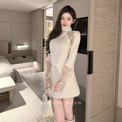juanjuanyee【名伶气质】Es高领羊毛不规则剪裁蕾丝毛衣上衣女