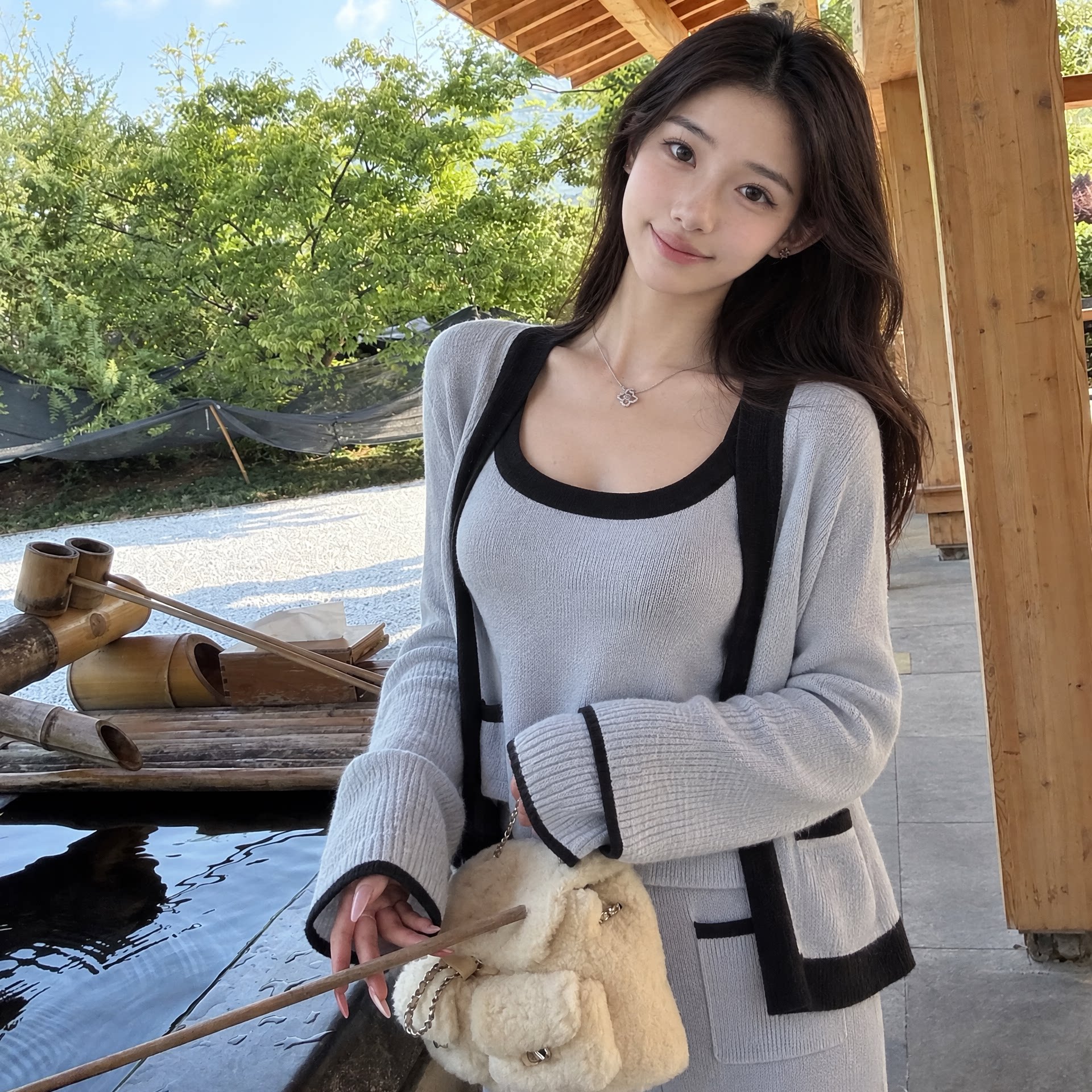 meng via【甜贵日常】秋开衫吊带长裤毛针织衫时尚套装三件套女