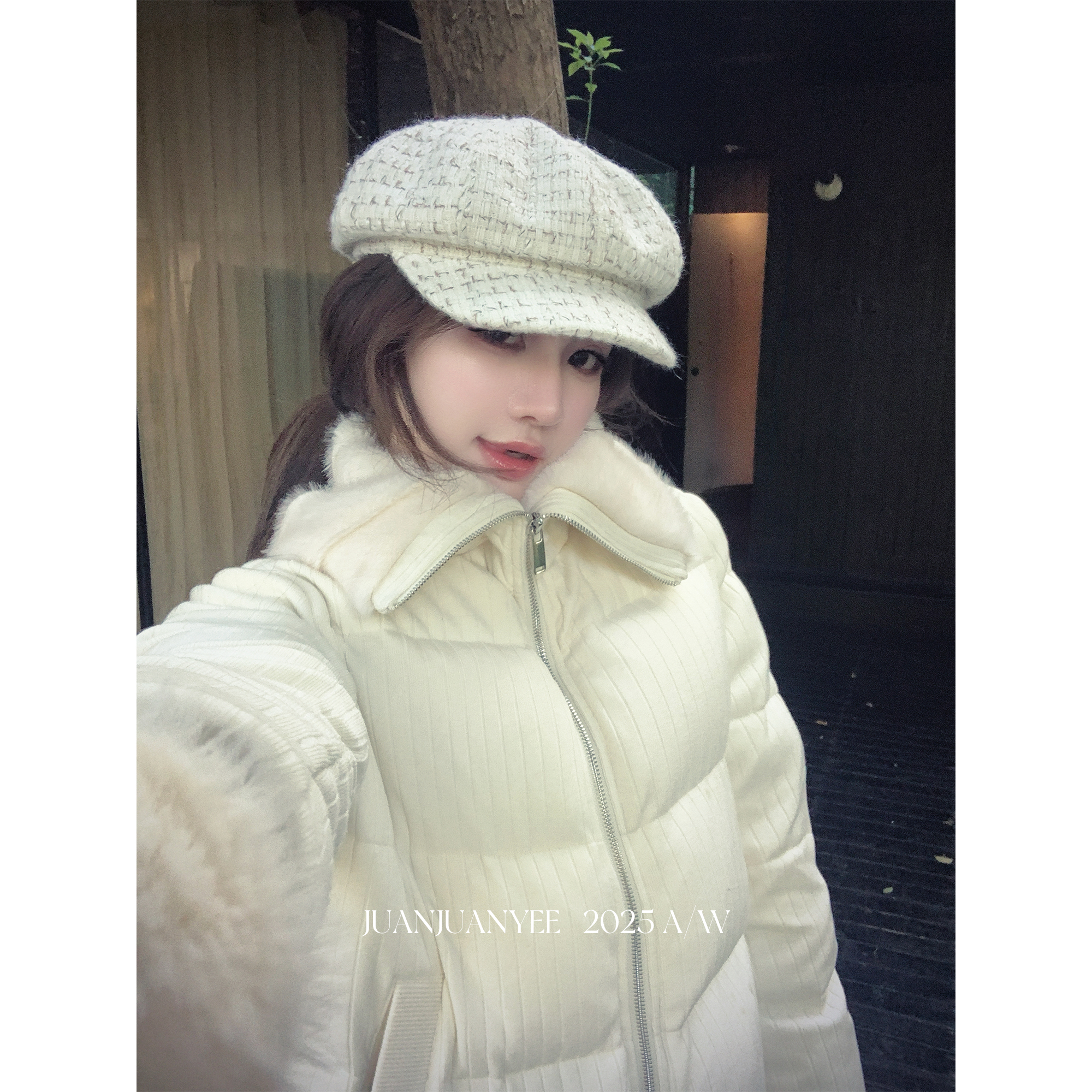 juanjuanyee【BC蒙包】新钱风可翻领针织仿水貂羽绒服女短款外套