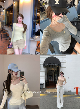 juanjuanyee【Daily 美女T】大u领天丝羊毛纯欲修身高弹外穿长袖t