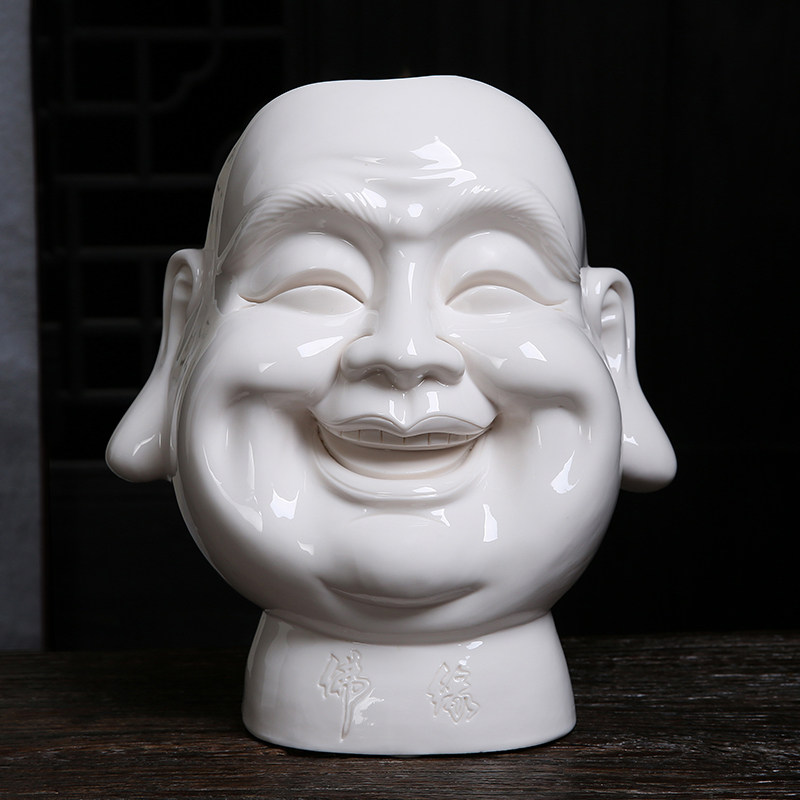 旺琨白瓷弥勒头像笑佛摆件新中式禅意陶瓷人物家居装饰摆设工艺品
