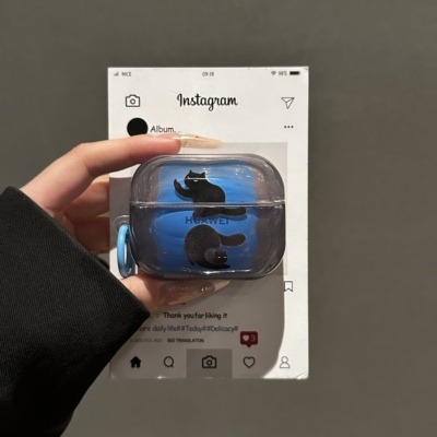 透蓝小黑猫适用于华为FreeBuds6i耳机保护套苹果AirPods4创意新款耳机壳Freebudsse3/SE2卡通小众Freeclip2
