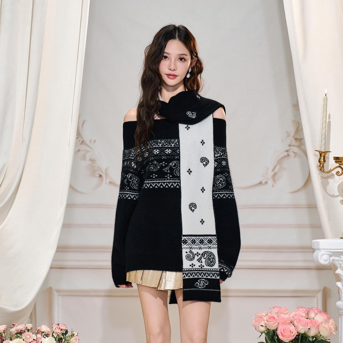 【Three Quarters】兔毛双面腰果花围巾保暖围脖披肩