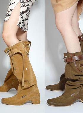 27QUAI 官方正品 猎装系列 高筒堆堆猎装长靴姜黄时装靴子