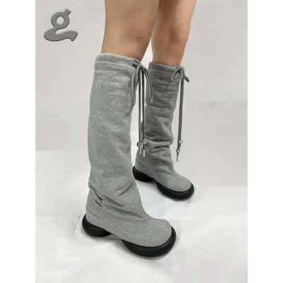 【GRAPE】 卫衣抽绳堆堆刺绣坡跟长筒靴