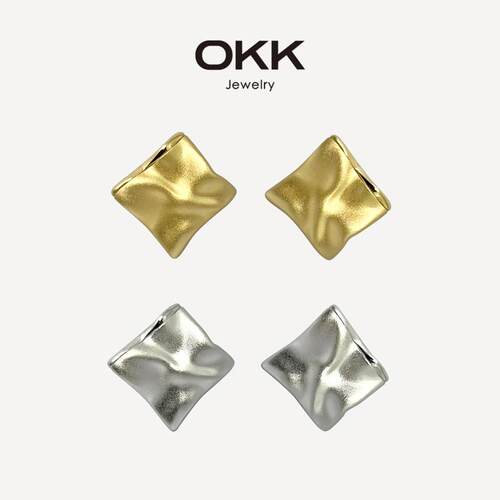 OKK何菱几何菱面褶皱哑光金银不对称金属质感通勤耳钉925银针耳饰