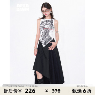 機械印花不規則背心 蕾絲半身長裙 虛實共生 原創