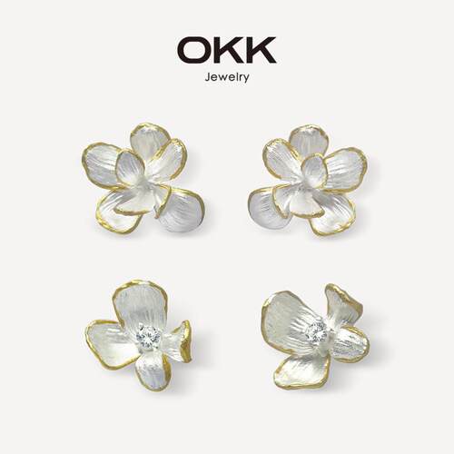OKK海棠花耳钉银色描金立体花朵撞色925耳针新款法式温柔风耳饰