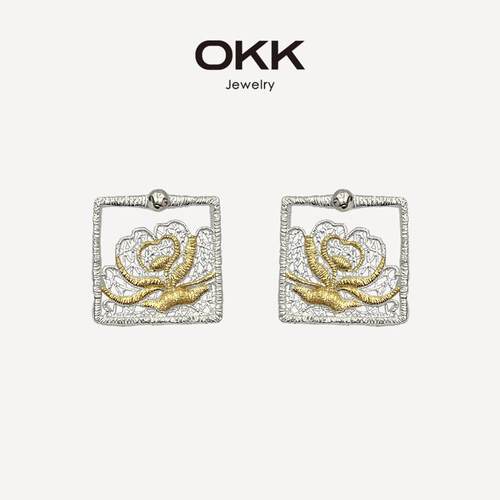 OKK 玫瑰蕾丝方牌复古花朵法式重工金银正反佩戴925银针耳钉耳饰
