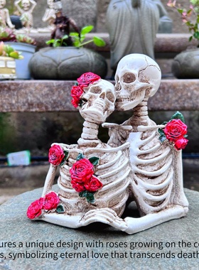 复古艺术玫瑰骷髅头情侣摆件树脂万圣节装饰品密室逃脱鬼屋道具