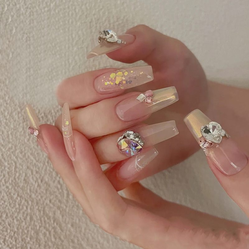 靡颜|风靡ins美甲系列冰透裸色亮粉手工穿戴甲珠光钻爆闪仙女美甲