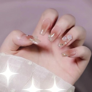 涟漪|美式甜心银装素裹裸色纯欲手工美甲渐变山茶花日常穿戴甲