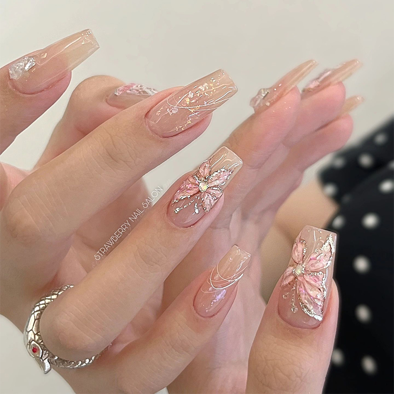 锦蝶|风靡ins美甲系列水晶粉色蝴蝶手工穿戴甲手绘丝线气质美甲