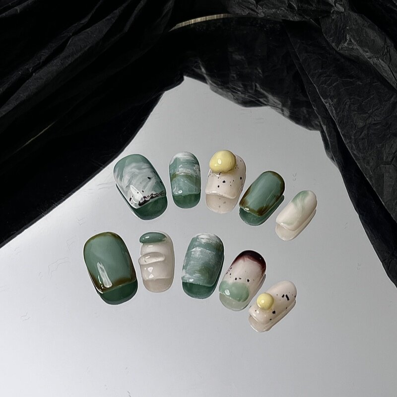 春日海|手绘涂鸦系列可爱童趣春天氛围感美甲撞色晕染手工穿戴甲