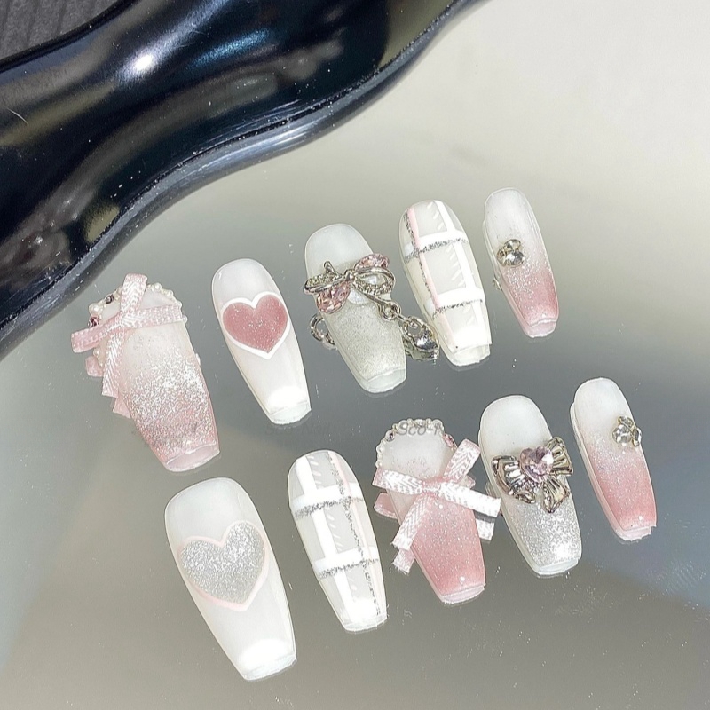 甜桃奶霜|一秒甜心辣妹系列粉嫩少女心蝴蝶结美甲细闪手工穿戴甲