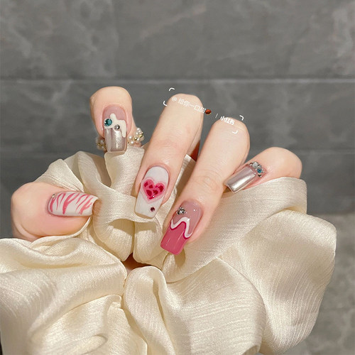 粉红豹|美式甜心粉红火焰爱心豹纹手工美甲云朵线条魔镜粉穿戴甲