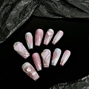 永恒月光|春季粉色晕染美甲烂漫双份爱心精致链条爆闪穿戴甲