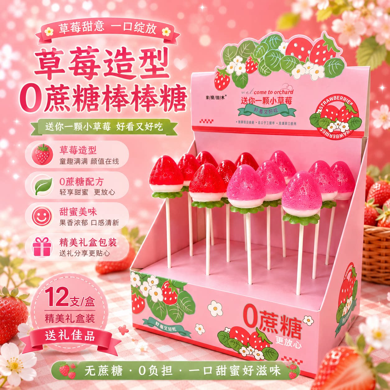 高颜值可爱草莓造型棒棒糖创意立体水晶糖果甜蜜送女友礼物小零食