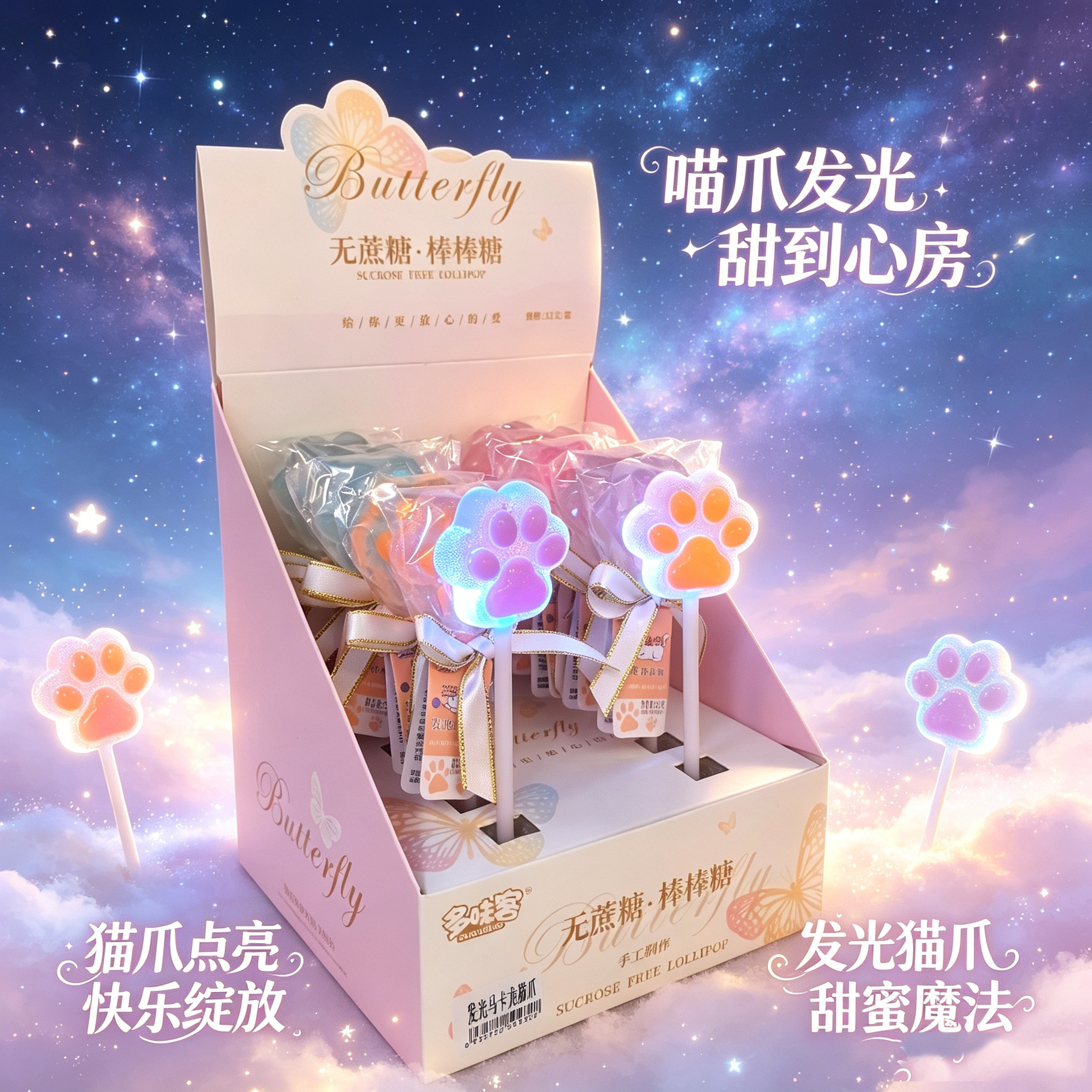 高颜值无蔗糖棒棒糖猫爪造型发光棒棒糖创意网红不蛀牙零食糖果