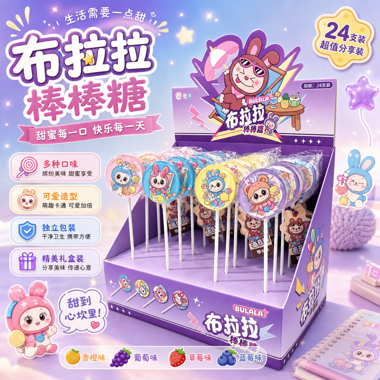 卡通可爱布拉拉棒棒糖儿童零食独立包装照片糖节日礼物糖果盒装