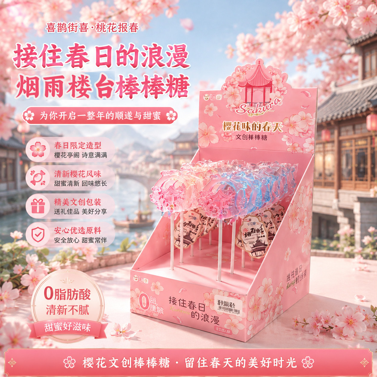 国风烟雨楼台无糖棒棒糖彩色渐变传统糖果创意镂空小零食礼物